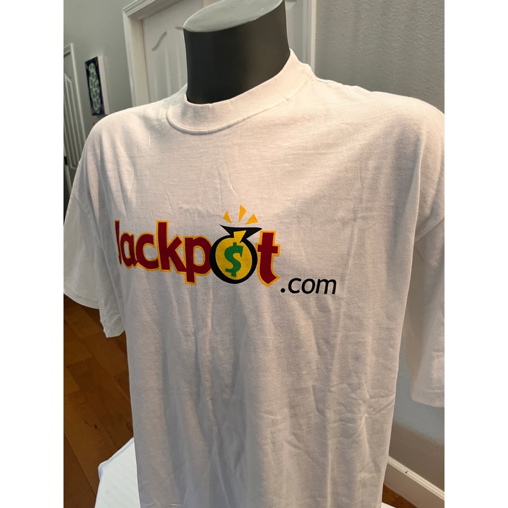 Hanes T Shirt Mens XL White Excellent Vintage Y2K Jackpot.com Promo 90s Beefy T